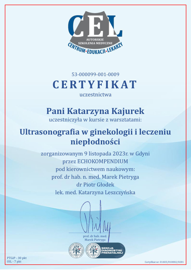 Certyfikat: Ultrasonografia w ginekologii i leczeniu niepłodności — Katarzyna Kajurek