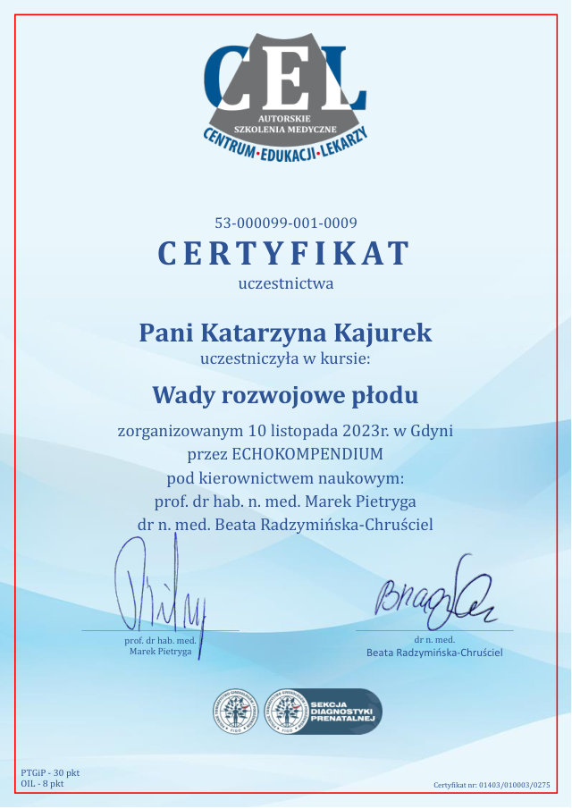 Certyfikat: Wady rozwojowe płodu — Katarzyna Kajurek